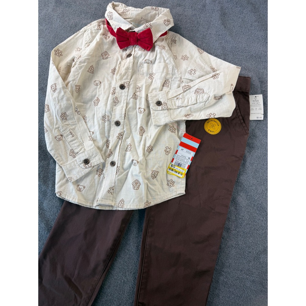 Cat & Jack 3pc Outfit Set Boys 5T Brown Cream Gingerbread Shirt Bow Tie NEW